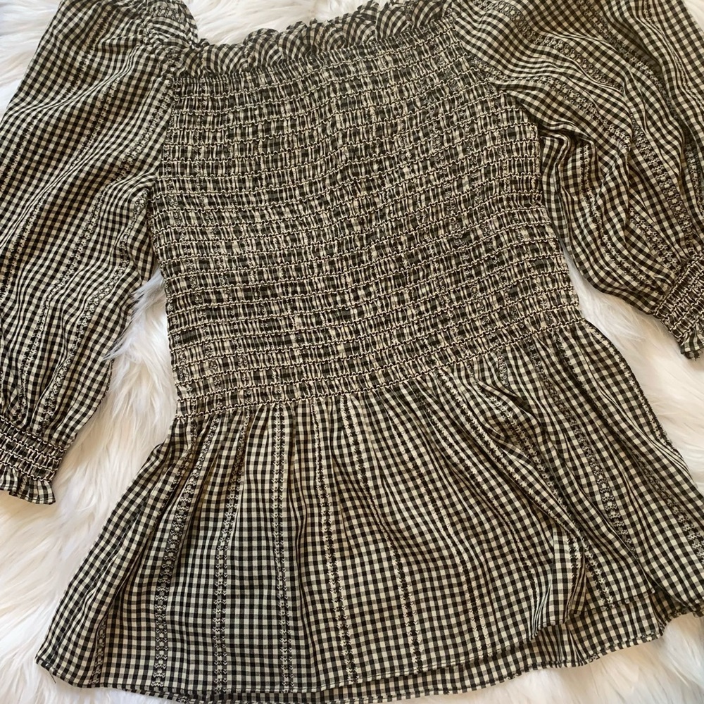 Max Studio Gingham Peplum Top Black/Ivory